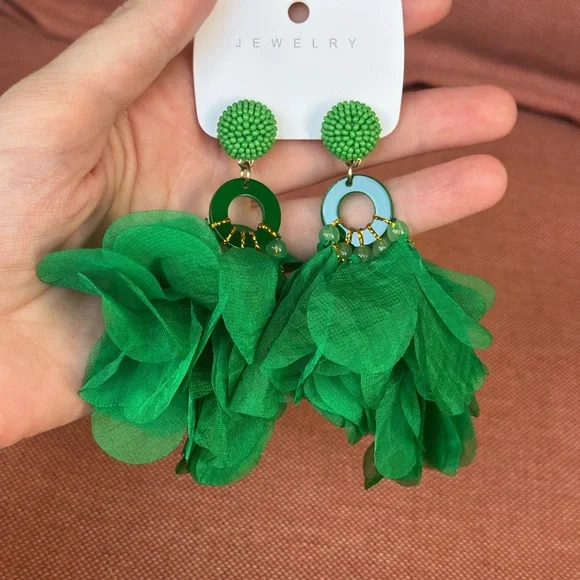 Green Cotton Flower Bohemian Earrings - Picture 2 of 5